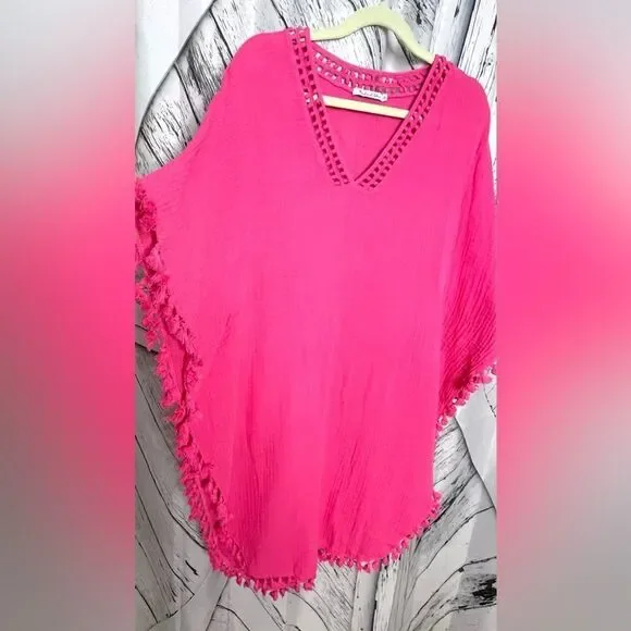 Michael Stars Holly gauze tassel beach coverup pink OS - Picture 4 of 6